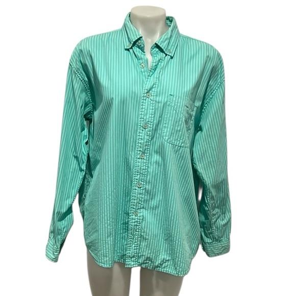 Fresh Produce teal green striped long sleeve cotton button down top L - Picture 1 of 5